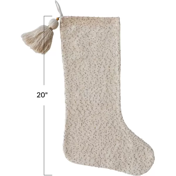 imageCreative CoOp Cream Woven Fabric Blend Stocking with Gold Sequins Metallic Thread Wrapped Tassel and Wood Bead Color