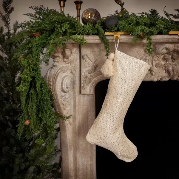 imageCreative CoOp Cream Woven Fabric Blend Stocking with Gold Sequins Metallic Thread Wrapped Tassel and Wood Bead Color