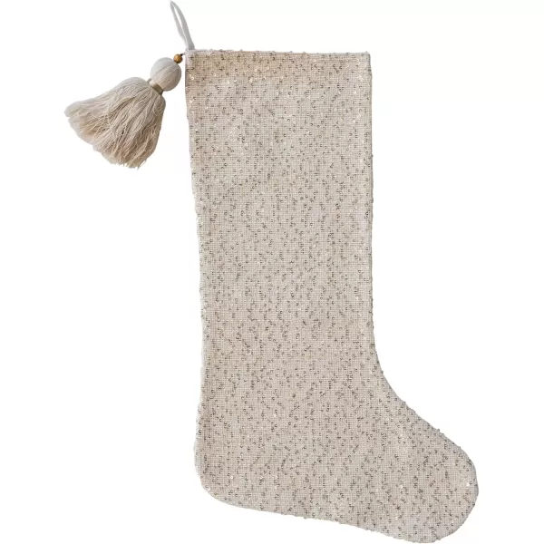 imageCreative CoOp Cream Woven Fabric Blend Stocking with Gold Sequins Metallic Thread Wrapped Tassel and Wood Bead Color