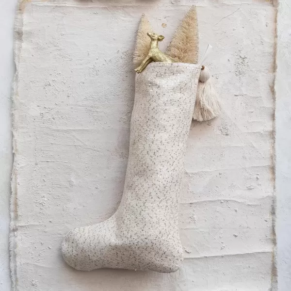 imageCreative CoOp Cream Woven Fabric Blend Stocking with Gold Sequins Metallic Thread Wrapped Tassel and Wood Bead Color