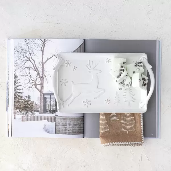 imageCreative CoOp Debossed Stoneware Handled Tray with Deer Snowflakes and Trees Reactive Glaze White