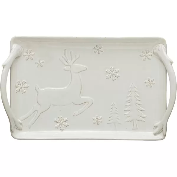 imageCreative CoOp Debossed Stoneware Handled Tray with Deer Snowflakes and Trees Reactive Glaze White