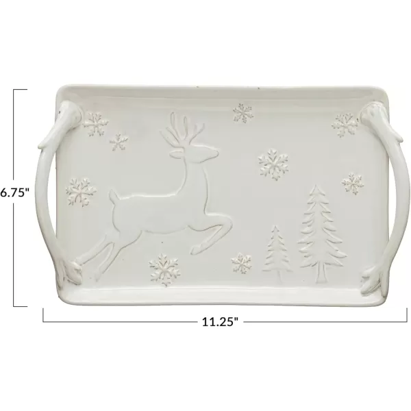 imageCreative CoOp Debossed Stoneware Handled Tray with Deer Snowflakes and Trees Reactive Glaze White