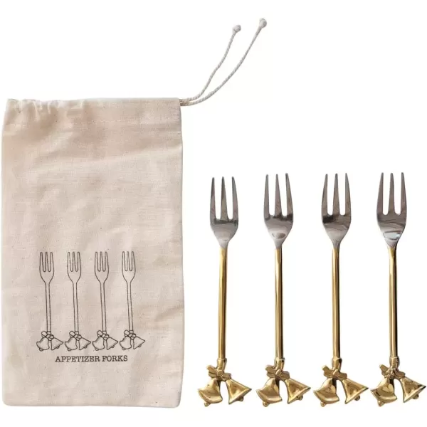 imageCreative CoOp Stainless Steel and Brass Forks with Gold Finish Reindeer Handles Set of 4 in Printed Drawstring BagForks with Bells