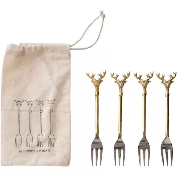 imageCreative CoOp Stainless Steel and Brass Forks with Gold Finish Reindeer Handles Set of 4 in Printed Drawstring BagForks with Reindeer
