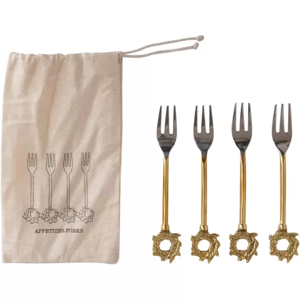 imageCreative CoOp Stainless Steel and Brass Forks with Gold Finish Reindeer Handles Set of 4 in Printed Drawstring BagForks with Wreath