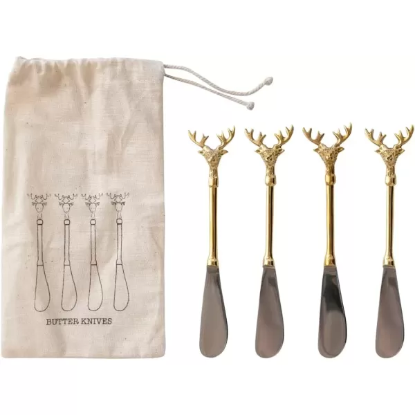 imageCreative CoOp Stainless Steel and Brass Forks with Gold Finish Reindeer Handles Set of 4 in Printed Drawstring BagKnives with Reindeer