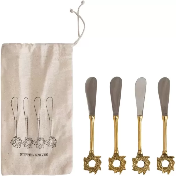 imageCreative CoOp Stainless Steel and Brass Forks with Gold Finish Reindeer Handles Set of 4 in Printed Drawstring BagKnives with Wreath
