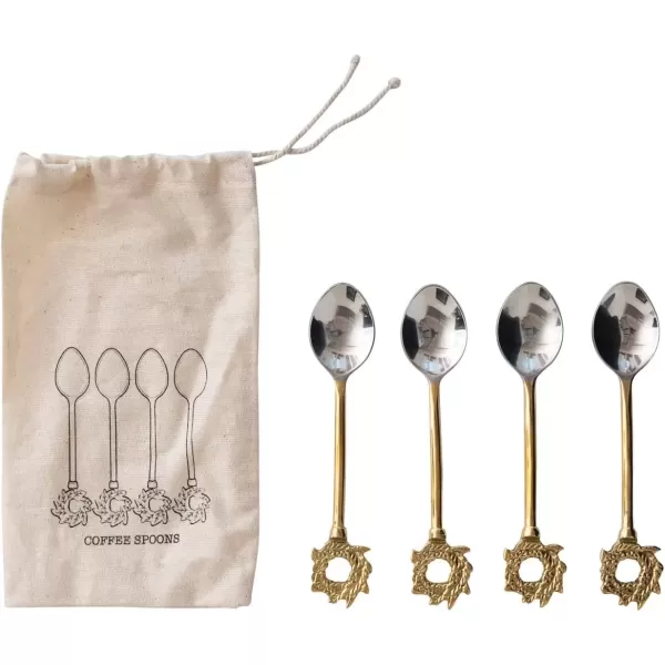 imageCreative CoOp Stainless Steel and Brass Forks with Gold Finish Reindeer Handles Set of 4 in Printed Drawstring BagSpoon with Wreath