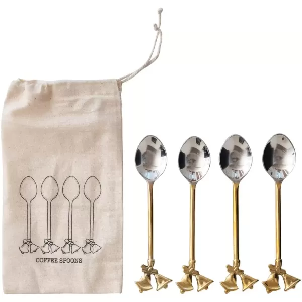 imageCreative CoOp Stainless Steel and Brass Forks with Gold Finish Reindeer Handles Set of 4 in Printed Drawstring BagSpoons with Bells