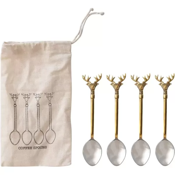 imageCreative CoOp Stainless Steel and Brass Forks with Gold Finish Reindeer Handles Set of 4 in Printed Drawstring BagSpoons with Reindeer