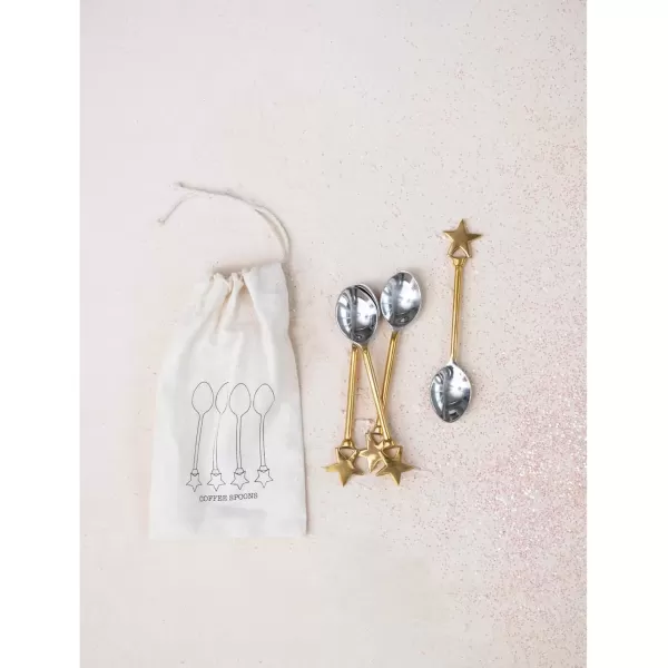 imageCreative CoOp Stainless Steel and Brass Forks with Gold Finish Reindeer Handles Set of 4 in Printed Drawstring BagSpoons with Stars