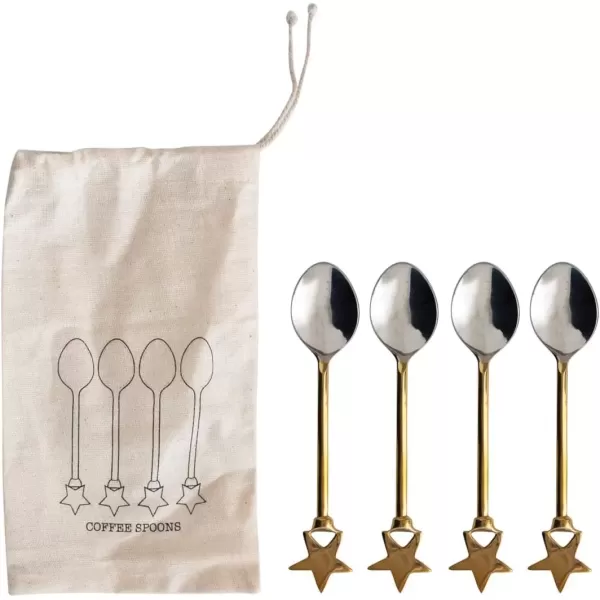 imageCreative CoOp Stainless Steel and Brass Forks with Gold Finish Reindeer Handles Set of 4 in Printed Drawstring BagSpoons with Stars