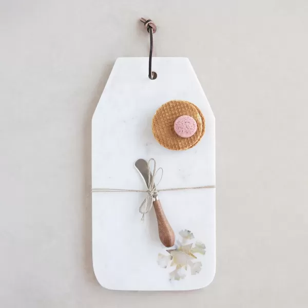 imageCreative CoOp 16quot L x 9quot W Marble wMother of Pearl Snowflake Inlay ampamp Wood Handle Canape Knife Set of 2 Cheese and Cutting Boards Multi