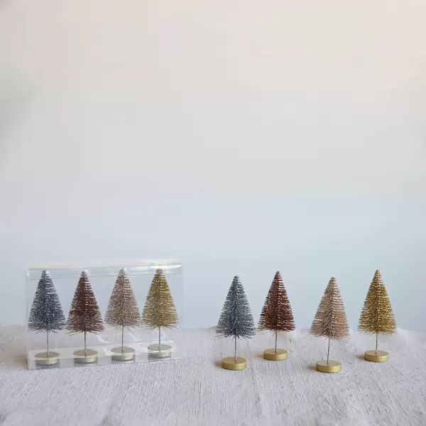 imageCreative CoOp 212quot Round x 6quot H Plastic Bottle Brush Trees wWood Bases Metallic Colors Boxed Set of 4