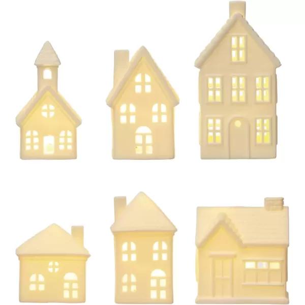 imageCreative CoOp Stoneware Bisque Houses with LED Lights White Set of 6
