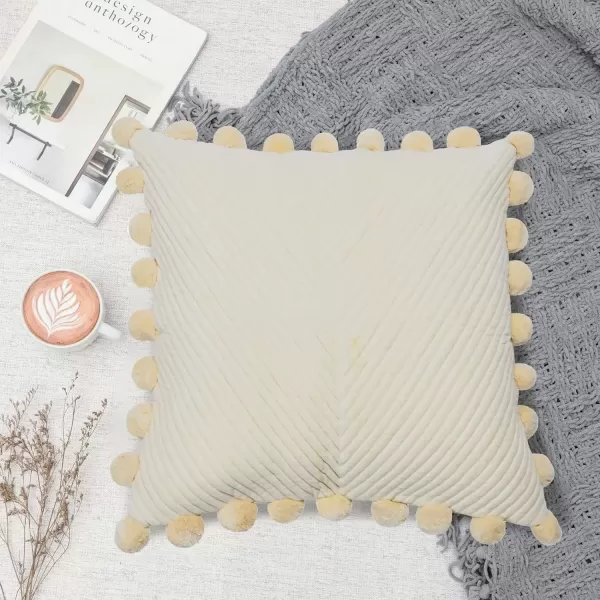 imageCreative CoOp 20quot Square Quilted Cotton Pillow Pom Trim Decorative Pillow 20quot x 20quot CreamCover and Insert