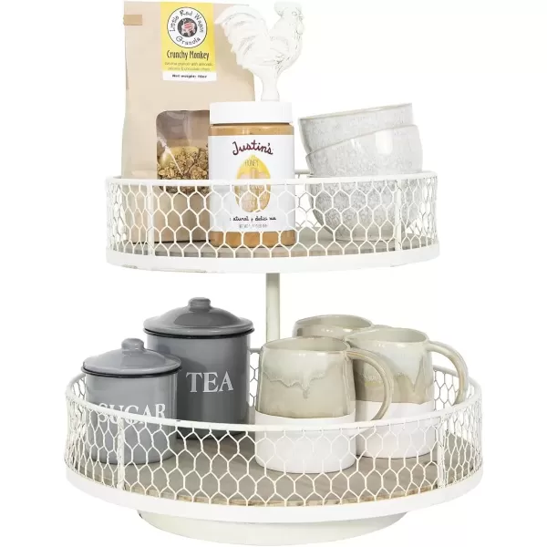 imageCreative CoOp 2Tier Wood ampamp Metal Round Trays with Rooster TopOffwhite
