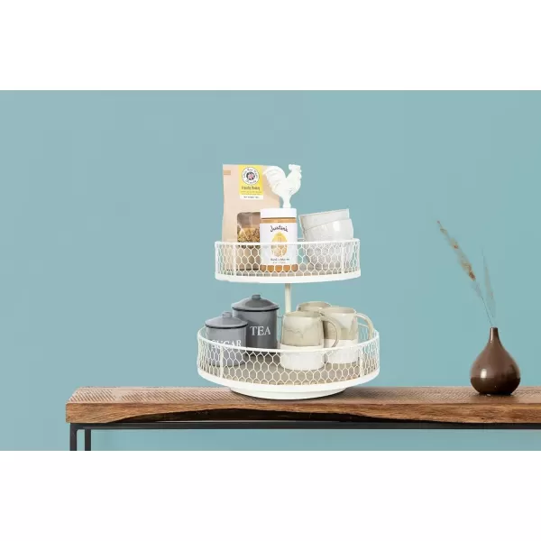 imageCreative CoOp 2Tier Wood ampamp Metal Round Trays with Rooster TopOffwhite