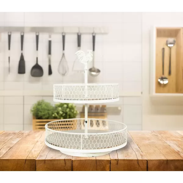 imageCreative CoOp 2Tier Wood ampamp Metal Round Trays with Rooster TopOffwhite
