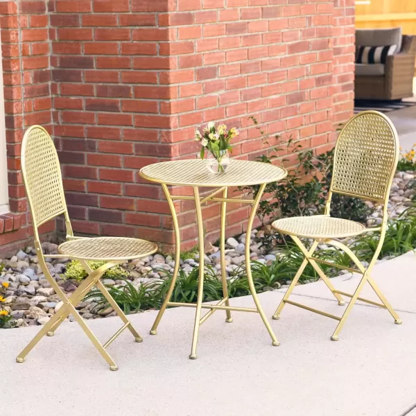 imageCreative CoOp Metal Cane Outdoor Bistro Patio Set with Table and 2 Folding Chairs White Set of 3 PiecesGold