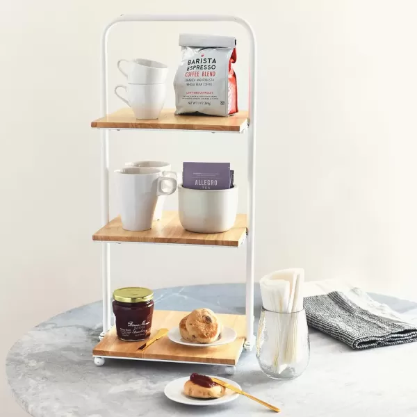imageCreative CoOp Modern Decorative 3 Shelves Solid Wood Kitchen Coffee or Tea Station and Plant Holder Black Tiered TrayWhite