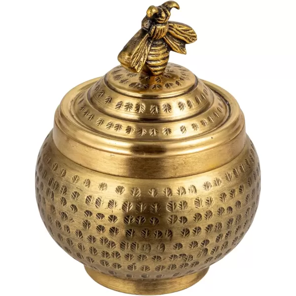 imageCreative CoOp Round Hammered Metal Container with Bee Finial Brass Finish