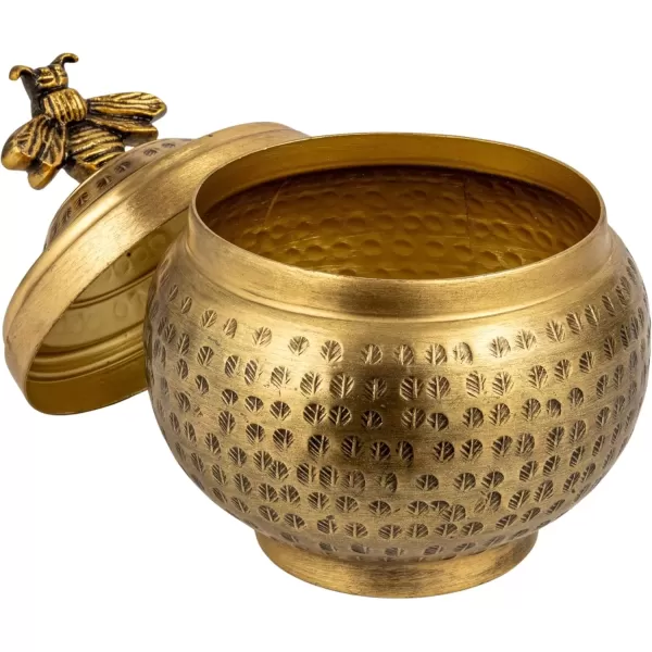imageCreative CoOp Round Hammered Metal Container with Bee Finial Brass Finish