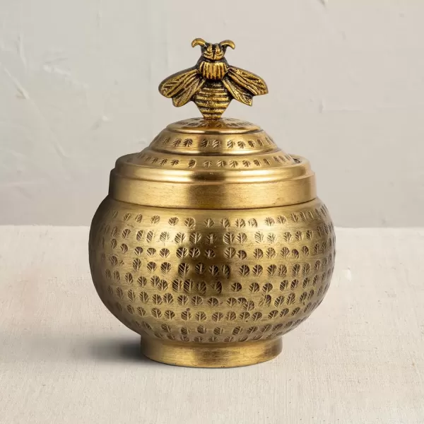 imageCreative CoOp Round Hammered Metal Container with Bee Finial Brass Finish