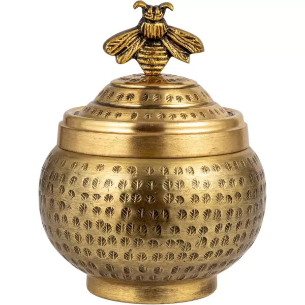 imageCreative CoOp Round Hammered Metal Container with Bee Finial Brass Finish