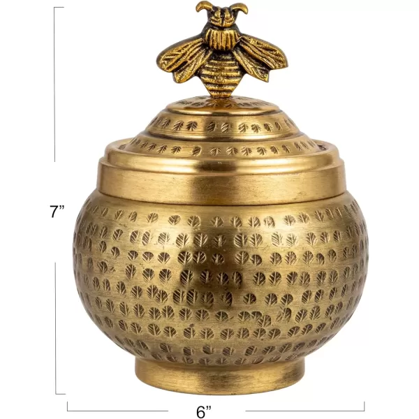 imageCreative CoOp Round Hammered Metal Container with Bee Finial Brass Finish