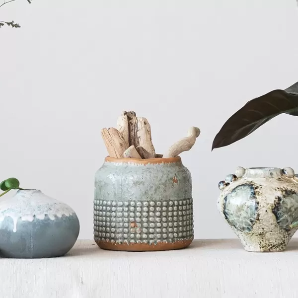 imageCreative CoOp Round TerraCotta Hobnail Planter Vase with Heavily Distressed Finish GreenGreyBlue