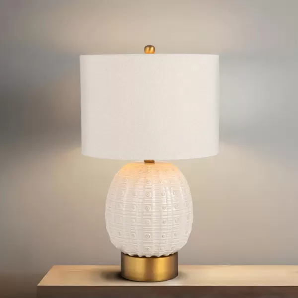 imageCreative CoOp Stoneware Globe Table Lamp with Cream Crackle Glaze and Natural Linen Shade