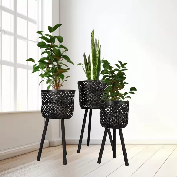 imageCreative CoOp Woven Bamboo Baskets with Wooden Legs Black Set of 3Black