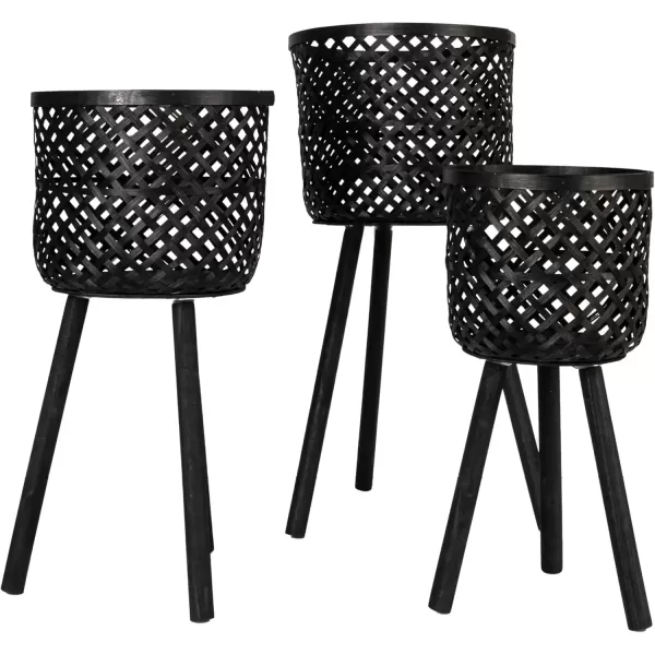 imageCreative CoOp Woven Bamboo Baskets with Wooden Legs Black Set of 3Black