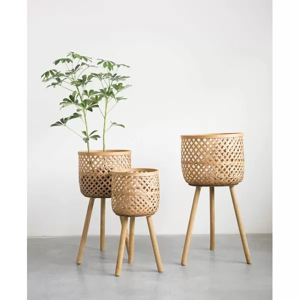 imageCreative CoOp Woven Bamboo Baskets with Wooden Legs Black Set of 3Natural