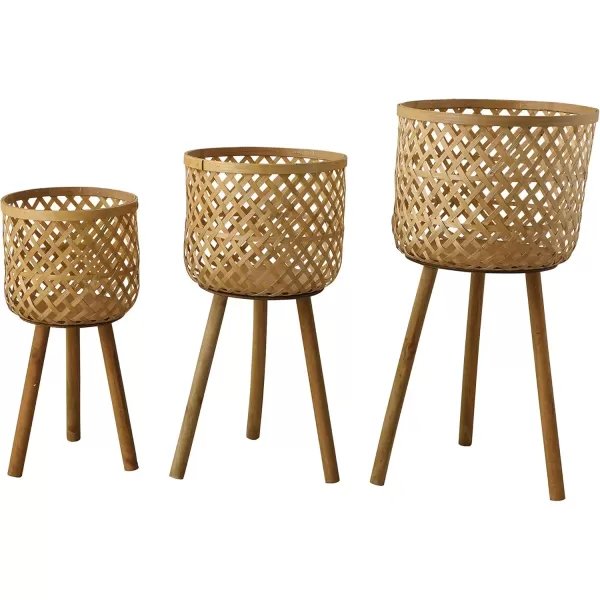 imageCreative CoOp Woven Bamboo Baskets with Wooden Legs Black Set of 3Natural