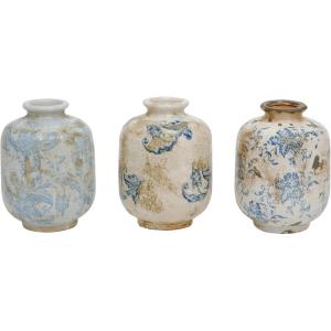 imageCreative CoOp Blue ampamp White Decorative Terracotta Vases with Heavy Distressing Set of 3 Designs