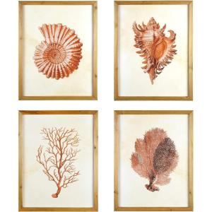 imageCreative CoOp Wood Framed Art with Red Shells ampamp Coral Set of 4 Designs Wall Decor