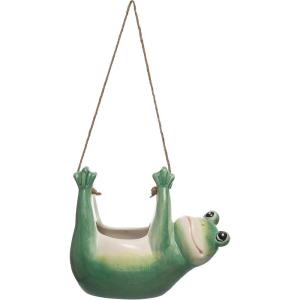 imageCreative CoOp 675 Inches Ceramic Frog Jute Rope Hanger Green and White Hanging Planter
