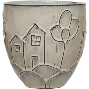 imageCreative CoOp 525 Inches Round Debossed Stoneware House and Balloons Design and Reactive Glaze Holds 4 Inches Pot White Planter