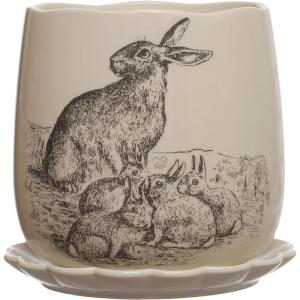 imageCreative CoOp 65 Inches Round Stoneware Planter with Rabbit Design and Scalloped Saucer Holds 5 Inches Pot White and Charcoal Set of 2