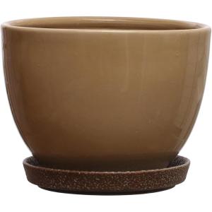 imageCreative CoOp 925 Inches Round Stoneware Saucer and Reactive Glaze Holds 8 Inches Pot Brown Set of 2 Planter