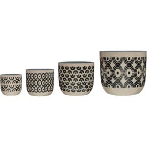 imageCreative CoOp Modern Stoneware Planters with HandPainted Geometric Designs Set of 4 Sizes Black and Natural