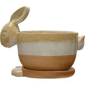 imageCreative CoOp Stoneware Rabbit Saucer Multicolor Planter Tan
