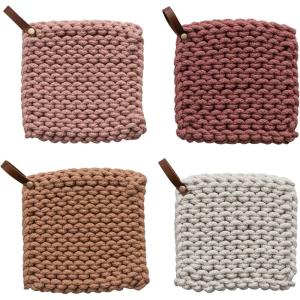 imageCreative CoOp 8 Inches Square Solid Color Cotton Crocheted Leather Loop Handle for Cooking Multicolor Set of 4 Pot Holders