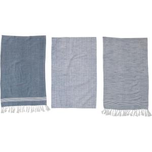 imageCreative CoOp Cotton Blend Patterns and Fringe Set of 3 Styles Blue and White Tea Towel