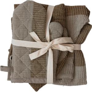 imageCreative CoOp Cotton Child Chef Hat and Oven Mitt Set of 3 Pieces Beige and Grey Apron Standard Green