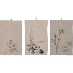 imageCreative CoOp Large Linen Blend Decorative Nature and Text Prints and Loops for Kitchen Cream Set of 3 Tea Towels