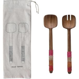 imageCreative CoOp 12 Inches Teakwood Kitchen Salad Servers with Rattan Wrapped Handles and Drawstring Bag Multicolored Set of 2